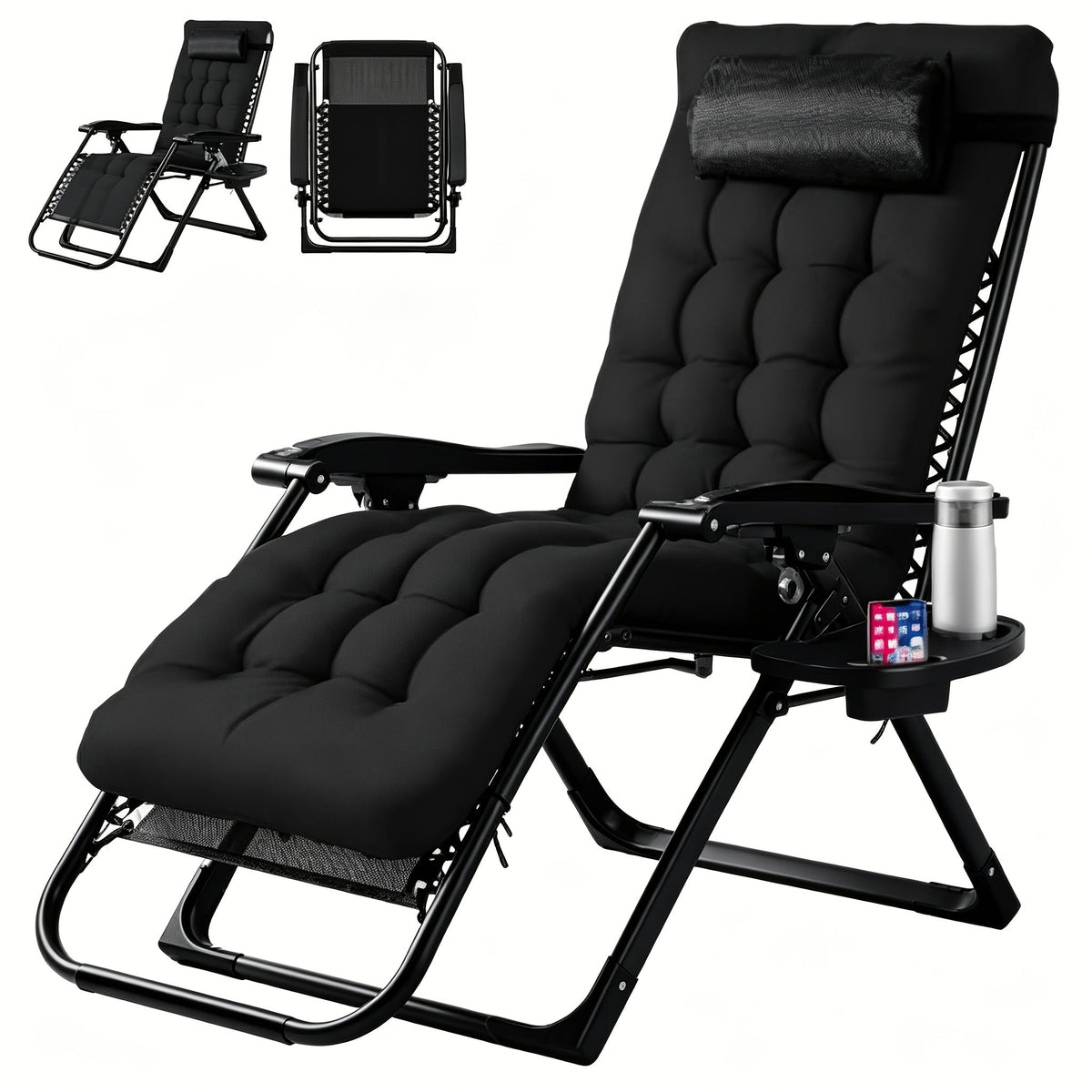 Zero Gravity Recliner Foldable Patio Chair – Removable Cushion & Cup Holder Tray for Beach Patio Poolside Outdoor Lounging