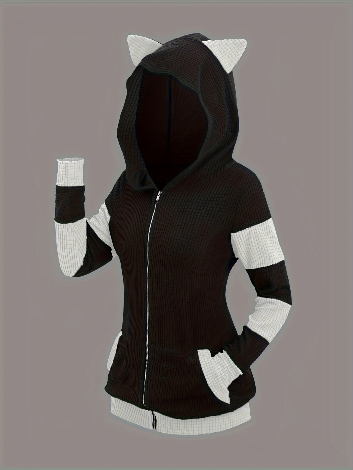 Women's Cat Ear Hooded Sweatshirt Jacket, Color Block Mid-Length Zip-Up Hoodie, Fall/Winter Thickened Warm Casual Outerwear, S-XXL