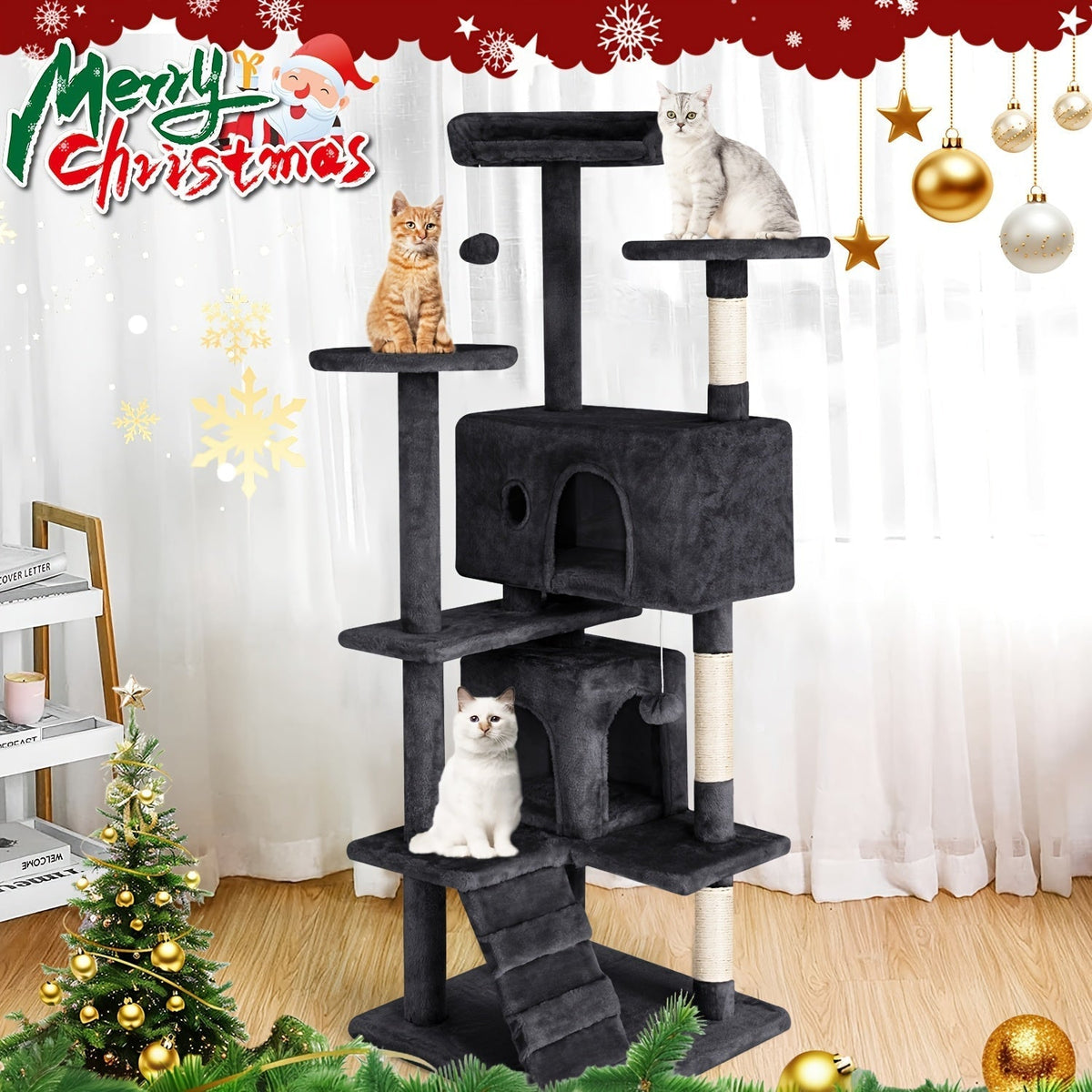 54-Inch Cat Tree Tower for Indoor Cats – Multi-Level Activity Center with Scratching Posts, Condo House & Toys for Kittens & Adult Cats, Dark Gray