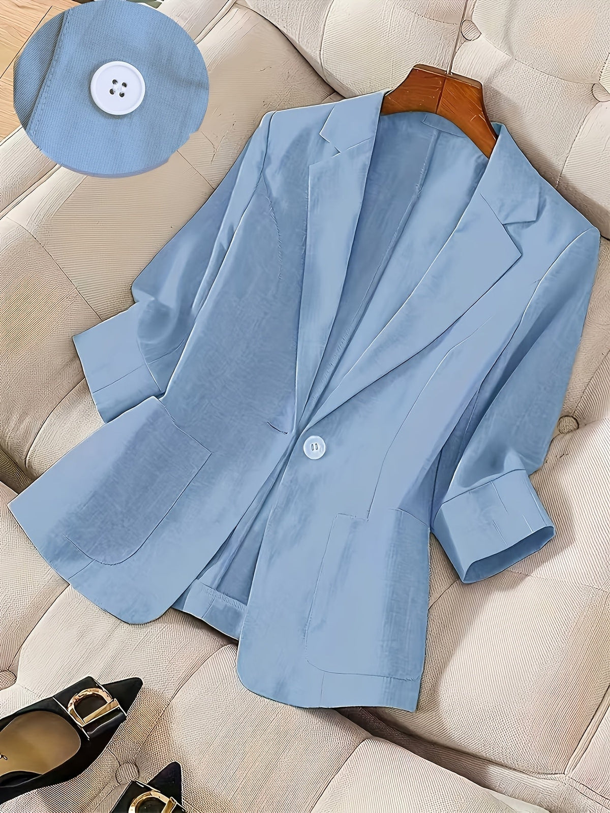Women's Single-Button 3/4 Sleeve Lightweight Blazer | Elegant Casual Spring/Summer/Fall Outerwear | Professional Solid Color Office Business Suit Jacket S M L XL XXL