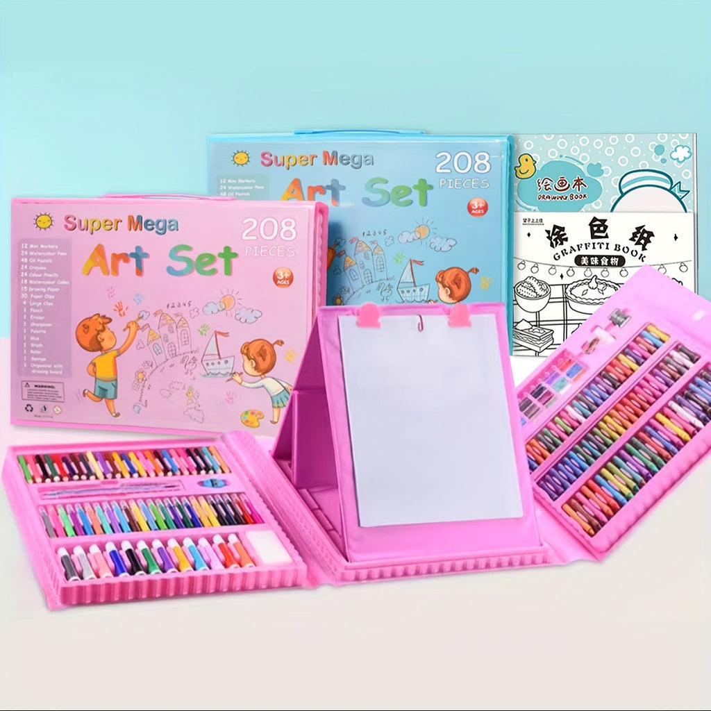 228-Piece Kids Art Painting Set with Easel, Complete Beginner Drawing Kit for Children Ages 3-12, Includes Sketchbook, Coloring Book, Acrylic Markers, Watercolor Pens, Oil Pastels, Colored Pencils & Eraser