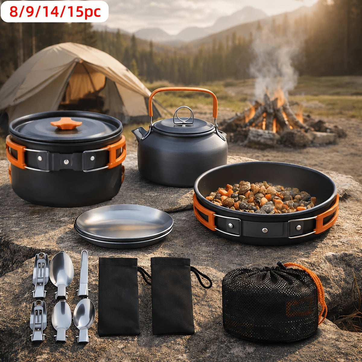 Camping Cookware Mess Kit 8/9/14/15 Piece, Portable Non-Stick Aluminum Alloy Camp Cook Set with Kettle, Pot, Frying Pan, Plates, and Utensils, Lightweight Backpacking Outdoor Cooking Gear for Hiking & Travel
