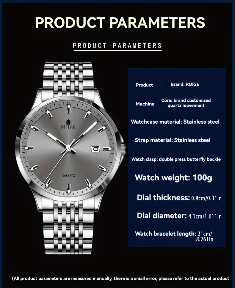 RUIGE Men's Luxury Quartz Watch Stainless Steel with Calendar, Luminous, and Rhinestone Accents - Sports Business Dress Watch for Men, Gift for Him