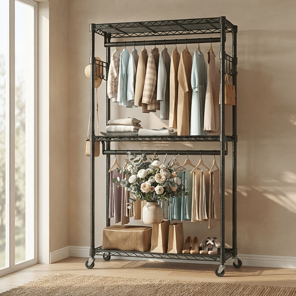 Heavy Duty Rolling Clothes Rack Adjustable Double Rods – Metal Freestanding Closet Organizer with Wheels & Side Hooks for Hanging Clothes