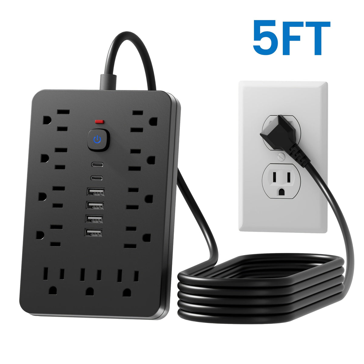 防雷防涌排插 11个AC插孔 | 4个USB-A & 2个USB-C端口，过载保护，短线/5英尺/10英尺延长线 – 家用、办公、桌面及校园多插口电源排插 – 白色 & 黑色