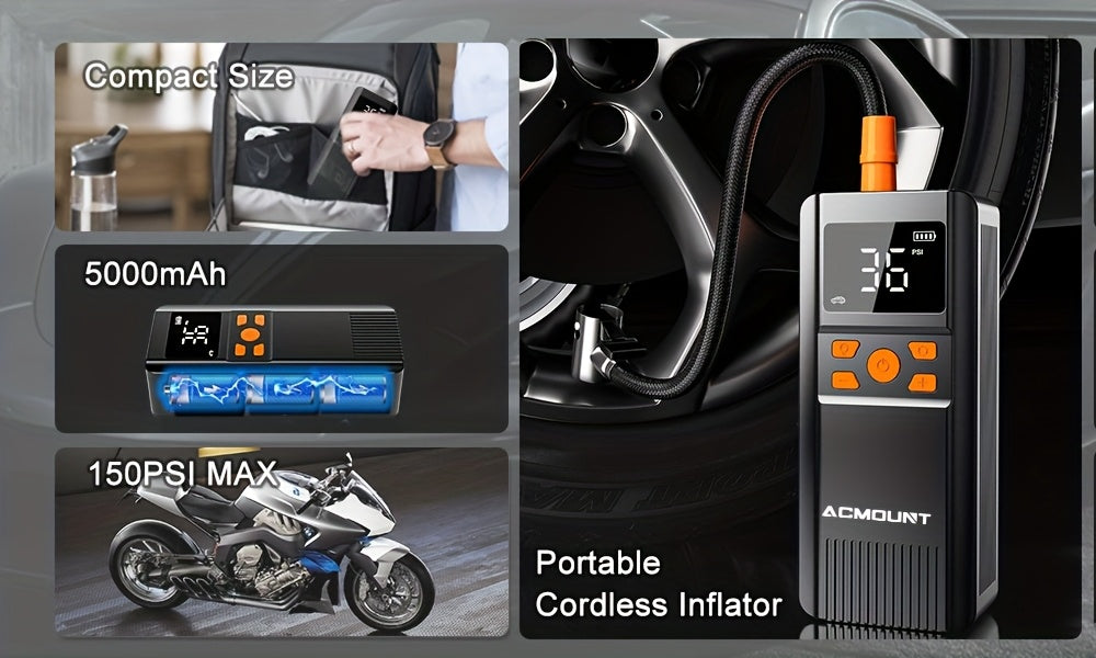 Portable Tire Inflator Air Compressor 150PSI Cordless – 2X Faster Inflation, Digital Pressure Gauge, LED Light for Cars, Bikes, Motorcycles, and Balls, Rechargeable Auto Air Pump