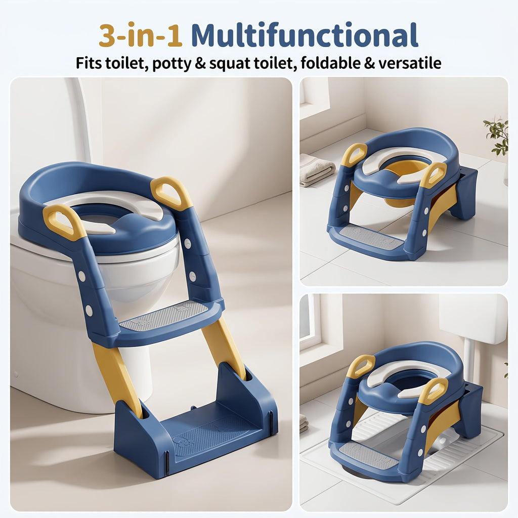 2-in-1 Toddler Toilet Potty Training Seat with Step Stool Ladder, Anti-Slip Adjustable Height Foldable Potty Chair for Kids, Cleaning Brush Included, Pink & Blue