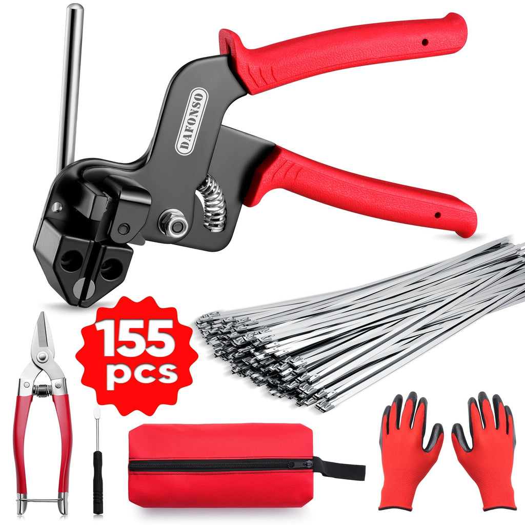 Stainless Steel Cable Tie Gun Kit - 155pcs 304 Metal Zip Ties in 3 Sizes, Tensioning & Cutting Tool, Self-Locking for Fence, Exhaust Pipe, Cable Bundling, Chicken Coop & Outdoor Repair - Red