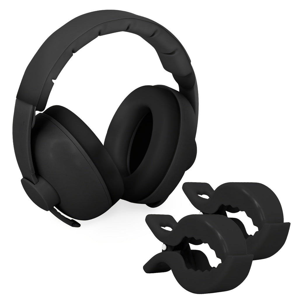 Portable Ear Muff with 2 Baby Stroller Fixing Clips, Soft Padded Adjustable Headband Ear Cover for Outdoor Travel & Camping, Removable Stroller Blanket Sunshade Clip Accessory Set