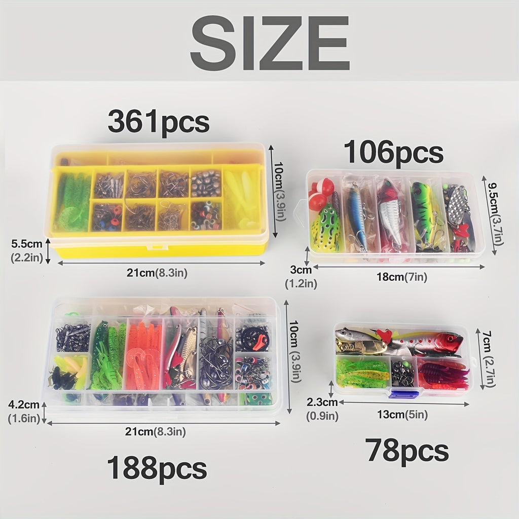 Fishing Lure Kit 78/106/188/361 Piece Freshwater Tackle Box Set, Spoon Lures, Soft Plastic Worms, Hooks & Accessories for Bass, Trout, and Salmon Fishing, Complete Beginner & Pro Fishing Gear Gift