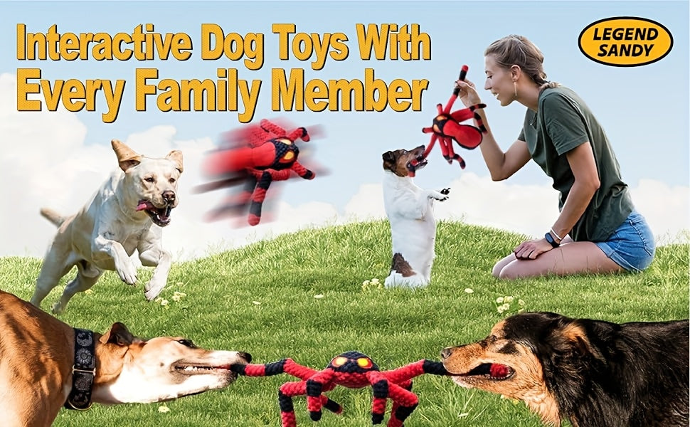 大型犬发声蜘蛛狗玩具——带发声头和响纸腿的互动式拉扯毛绒幼犬玩具，让狗狗玩上几个小时，无需电池，蓝红蜘蛛款