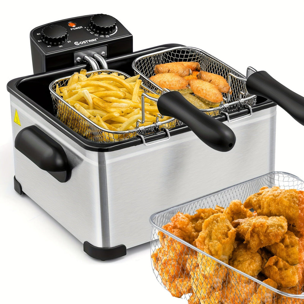 Electric Deep Fryer 5.3Qt/21-Cup with Triple Baskets, 1700W Stainless Steel, Adjustable Temperature 302°F-374°F, 60-Min Timer, View Window Lid, Cool-Touch Handles, Anti-Slip Base, Home Kitchen