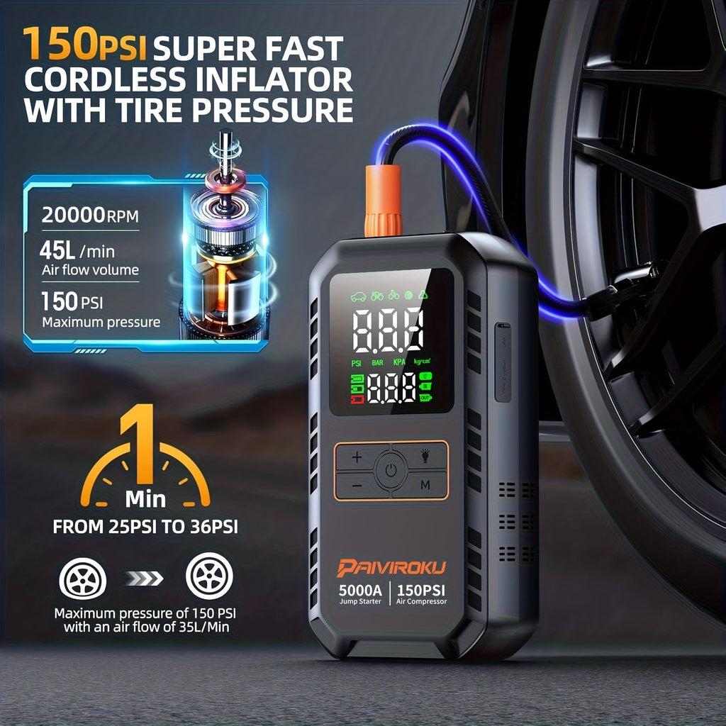 7-in-1 Portable Jump Starter with 150PSI Air Compressor – 5000A Peak Car Battery Booster, Tire Inflator, QC3.0 Power Bank, and LED SOS Light for Gas & Diesel Vehicles