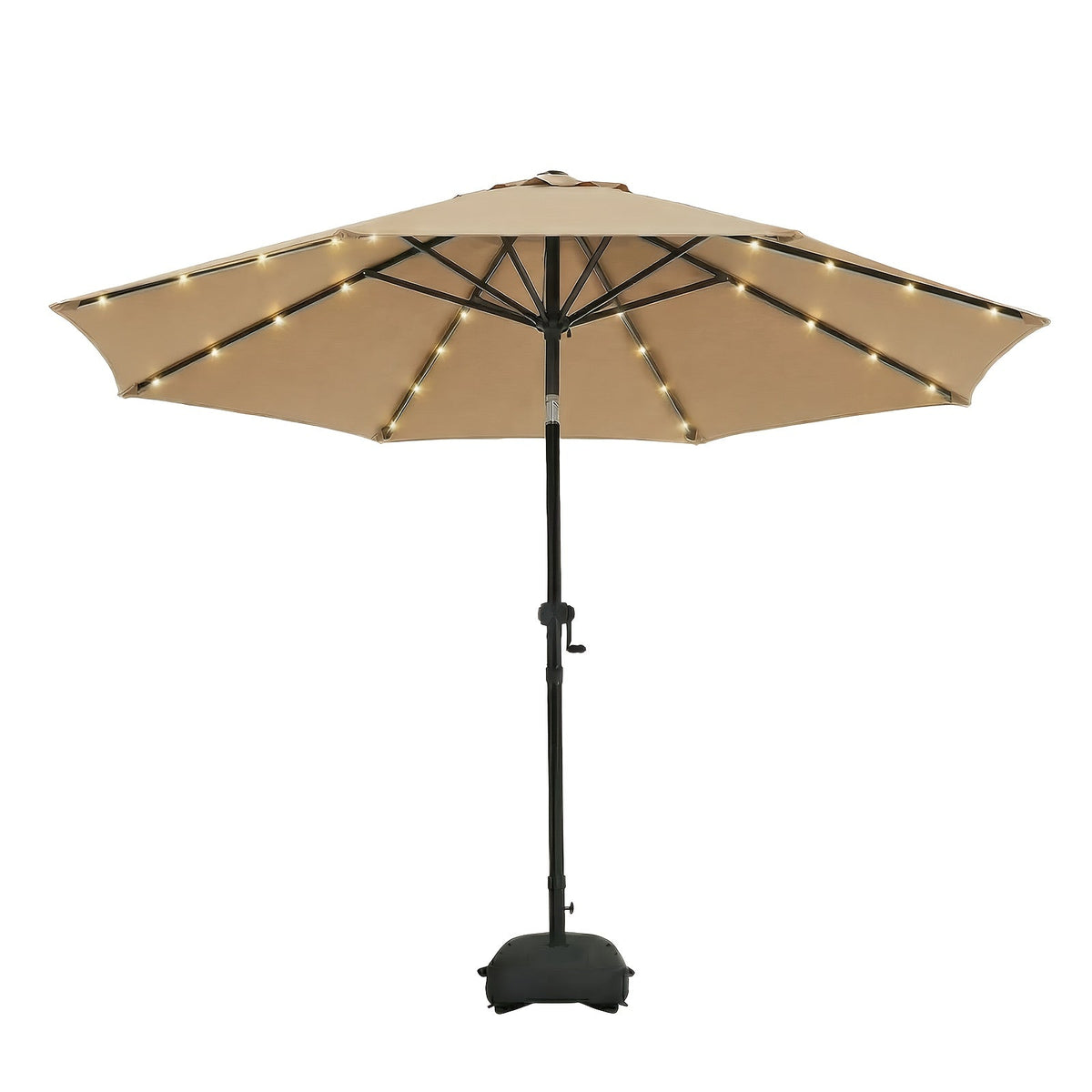 9ft Solar LED Patio Umbrella with Base 32 LED Lights Steel Frame Ventilation Push-Button Tilt & Crank for Garden Deck Backyard & Pool – Brown