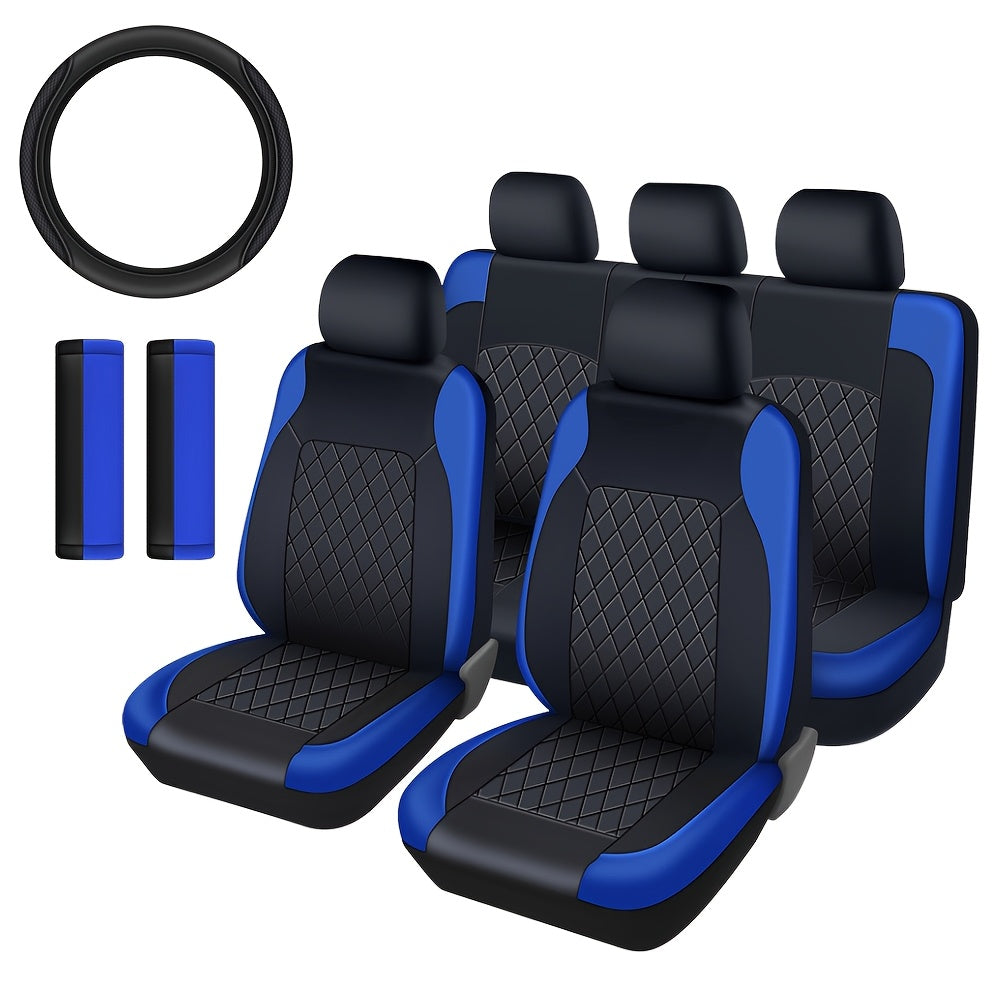 PU Leather Car Seat Covers, Universal Fit, Waterproof, Quilted, All-Season, with Sponge Padding, for Cars, SUVs, Trucks, Gray/Black/Red/Blue, Single or 12-Piece Set
