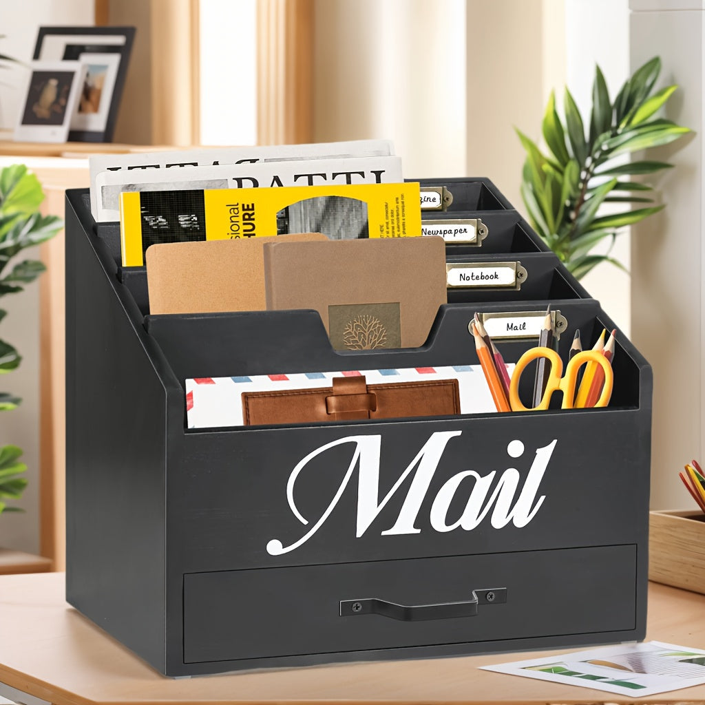 Large Solid Wood Desktop Mail Organizer with Drawer and 4 Compartments, Labelable Dividers for Files, Letters, and Paper Folders, Desk Organizer for Home Office, Students, and Professionals