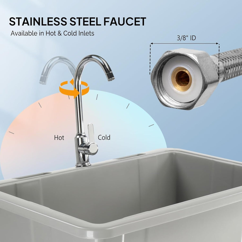 20-Gallon Freestanding Utility Sink Laundry Tub with Stainless Steel Faucet, Removable Drainboard, Storage Shelf & Soap Box for Laundry Room Garage Mudroom & Basement – Tool-Free Install, Black & White