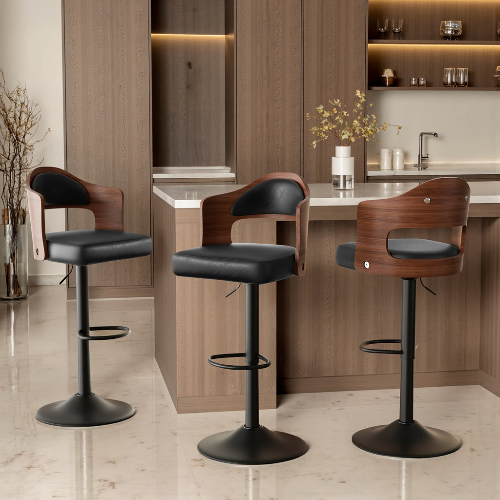 Swivel Bar Stools Set of 4 with PU Leather Upholstered Seat, Wooden Back & Footrest, Counter Height Bar Chairs for Kitchen Island and Dining Room, Black Brown Green White