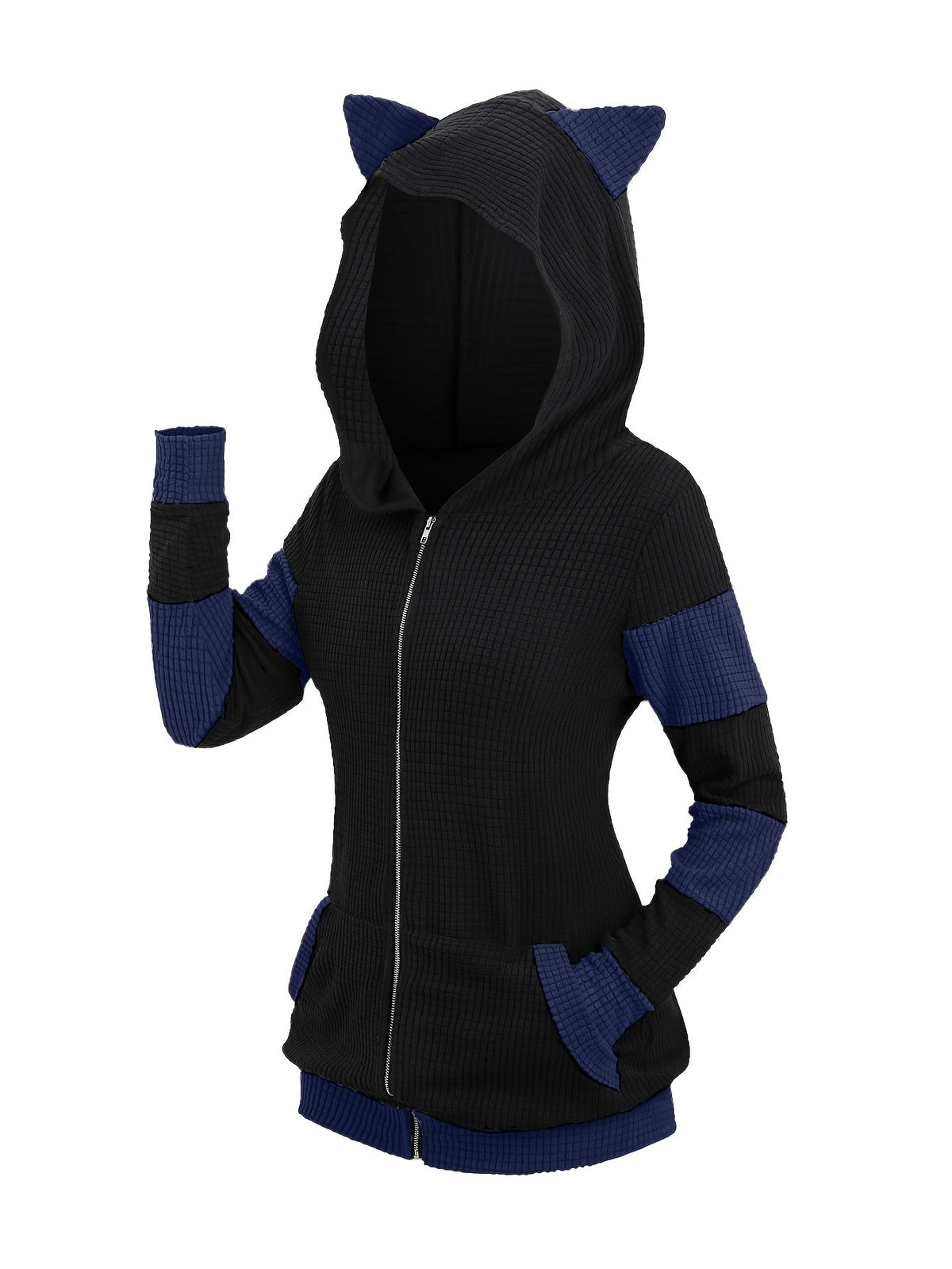 Women's Cat Ear Hooded Sweatshirt Jacket, Color Block Mid-Length Zip-Up Hoodie, Fall/Winter Thickened Warm Casual Outerwear, S-XXL