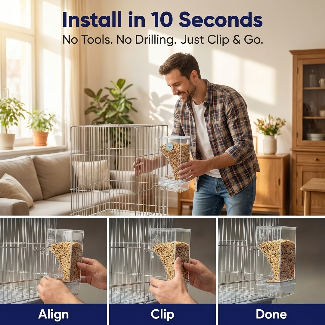 Transparent Acrylic Automatic Bird Feeder - Spill-Proof Bird Food Dispenser for Cage & Outdoor Use - Easy Clean Seed Feeder for All Birds, Parrots, Parakeets, and Wild Birds - No Battery Required
