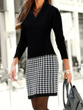 Women's V-Neck Suede Knit Dress – Color Block Micro Stretch PU Fabric Midi Dress for Fall/Winter, Elegant Casual Bodycon Style, Sizes S-XXL, Black & White
