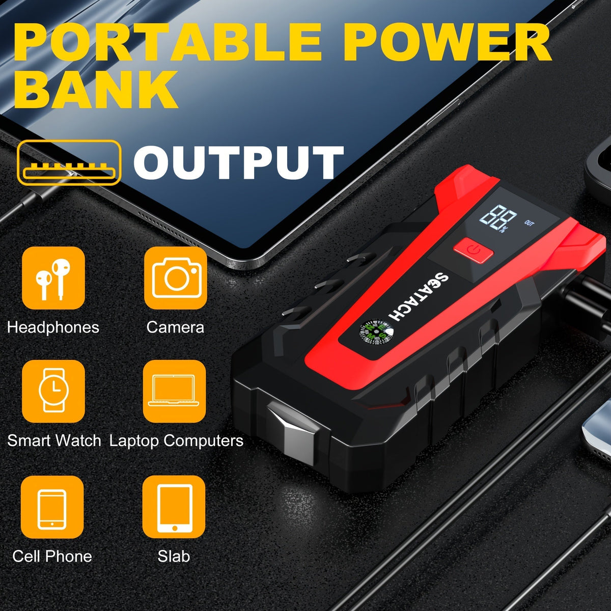 Car Jump Starter with Air Pump & Digital Tire Pressure Gauge – 12V Portable Emergency Starter for Cars, Trucks, SUVs, RVs & Motorcycles, LED Display, SOS Light & Window Breaker