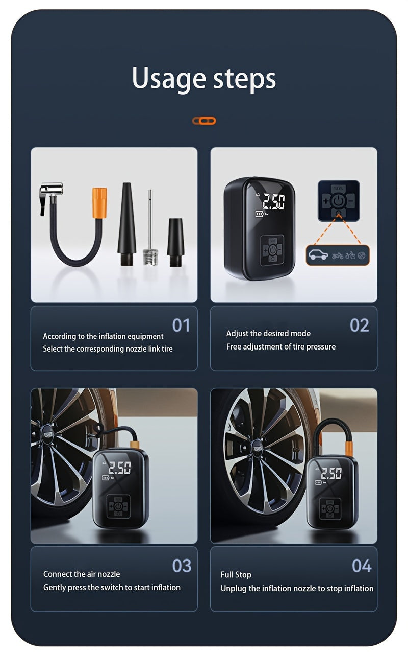 Portable Tire Inflator, 100W Cordless Air Pump, 4000mAh Battery, 30-Second Inflation, 5 Modes, Digital PSI Display, Type-C Charging, LED Light, Multi-Nozzle for Car, Motorcycle, Bicycle, Ball