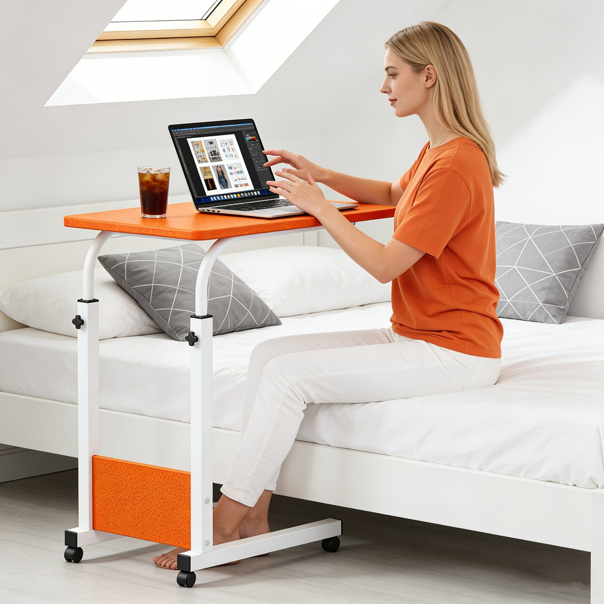 Height Adjustable Rolling Laptop Table with 4 Wheels & Dual Shelves – Mobile Workstation Desk for Bedside, Dorm, Office, and Living Room, Sturdy Steel Frame, Space-Saving Design