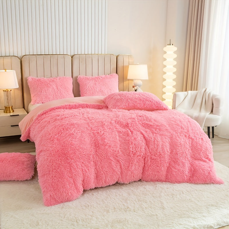 Plush Duvet Cover Set 3 Piece, Long Hair Knitted Polyester, Solid Color Fuzzy Comforter Cover with Zipper Closure, All-Season Soft Cozy Bedding Set for Bedroom, Multiple Colors Available