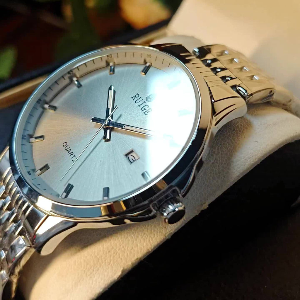 RUIGE Men's Luxury Quartz Watch Stainless Steel with Calendar, Luminous, and Rhinestone Accents - Sports Business Dress Watch for Men, Gift for Him