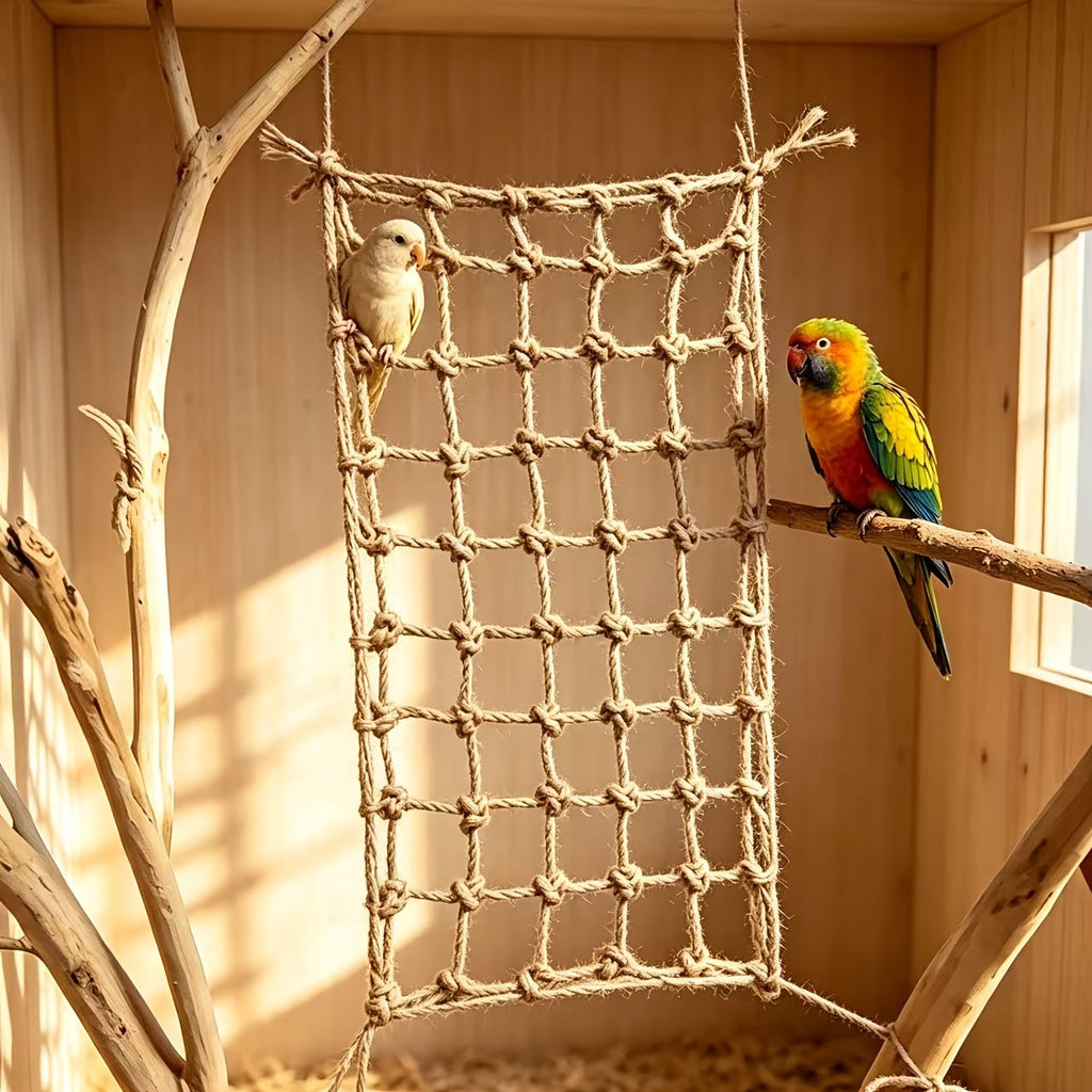 Bird Climbing Net 2-Pack - Hemp Rope Mesh Ladder for Bird Cages, Bite-Resistant Perch Climbing Toy for Parakeets, Parrots & Small Birds, 7.87 x 11.81 Inches Each