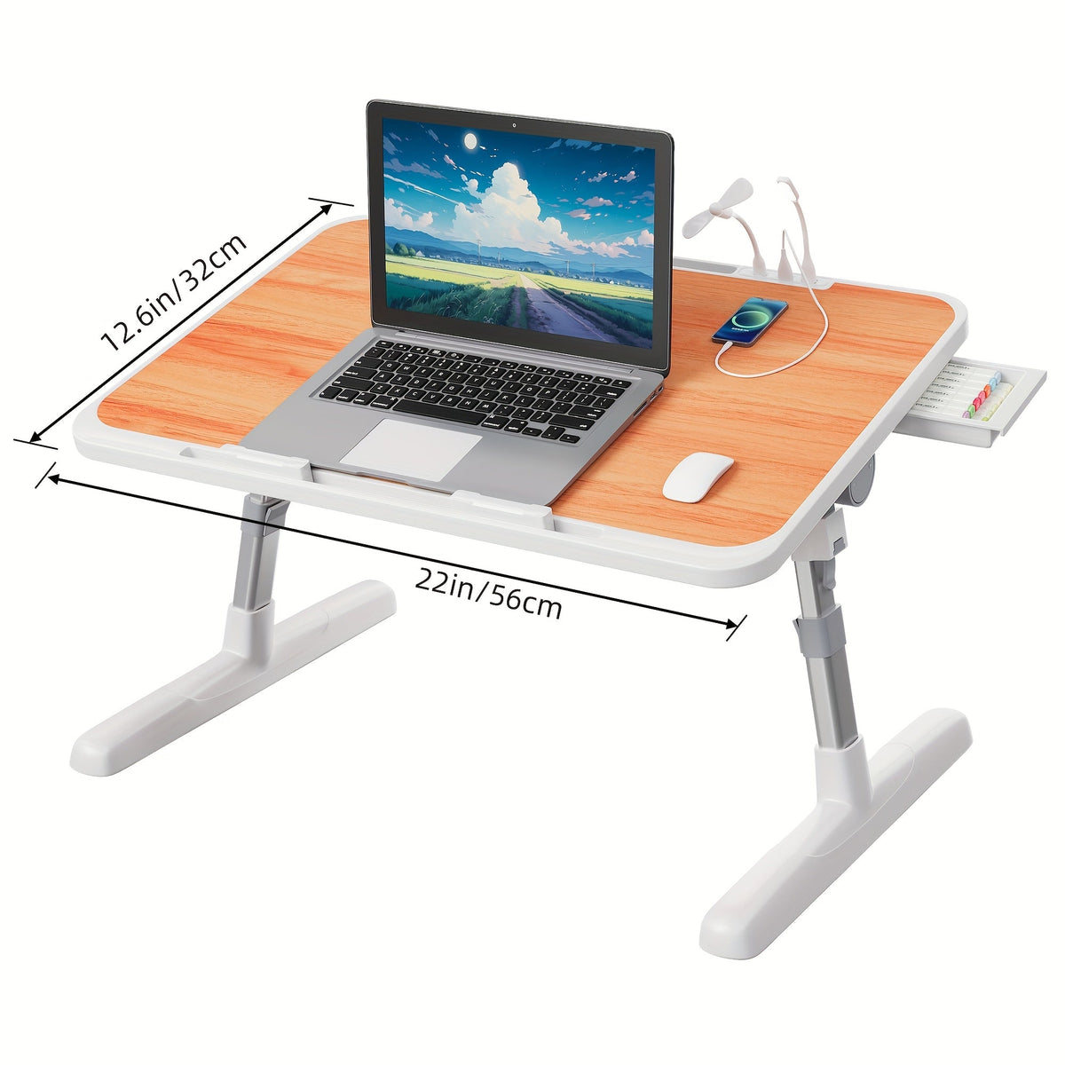 Lap Desk Bed Tray Table with USB Light, Fan & Drawer – Adjustable Portable Laptop Stand for Bed, Couch, Sofa; Laptop Desk for Reading, Writing, Eating – 10 Colors & Sizes