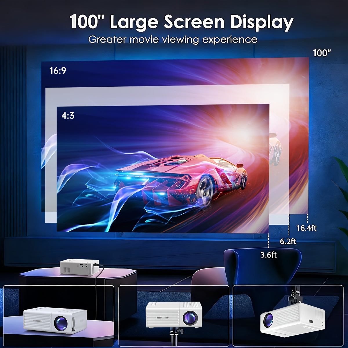 Portable Projector, 1080P Supported, 1280x720 Native Resolution, with Remote Control, USB Compatible with Smartphones, Tablets, Laptops, TV Sticks, Big Screen Home Theater
