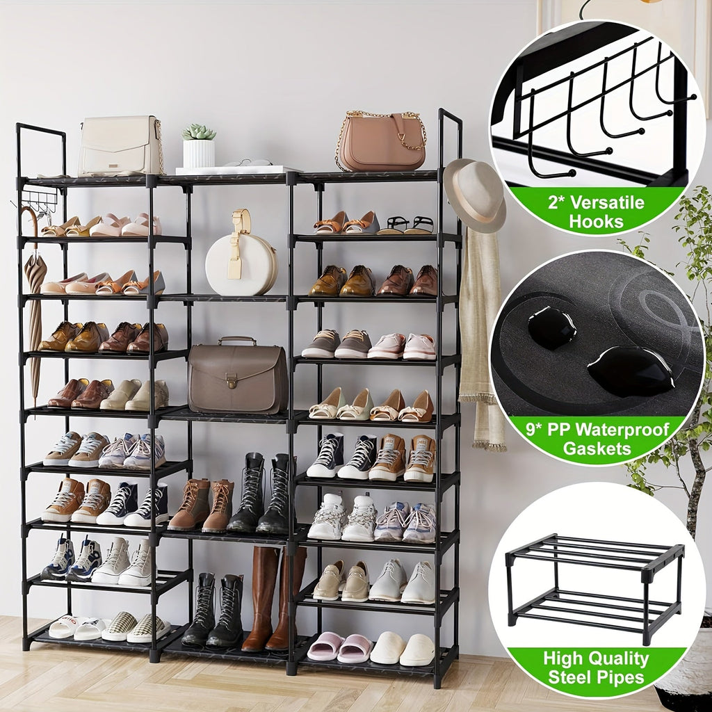 9-Tier Shoe Rack Organizer - 50-55 Pairs, Stackable Metal Shelf with Hooks - 129.5×26.9×155.4cm - Entryway, Bedroom & Closet Shoe Storage - Black