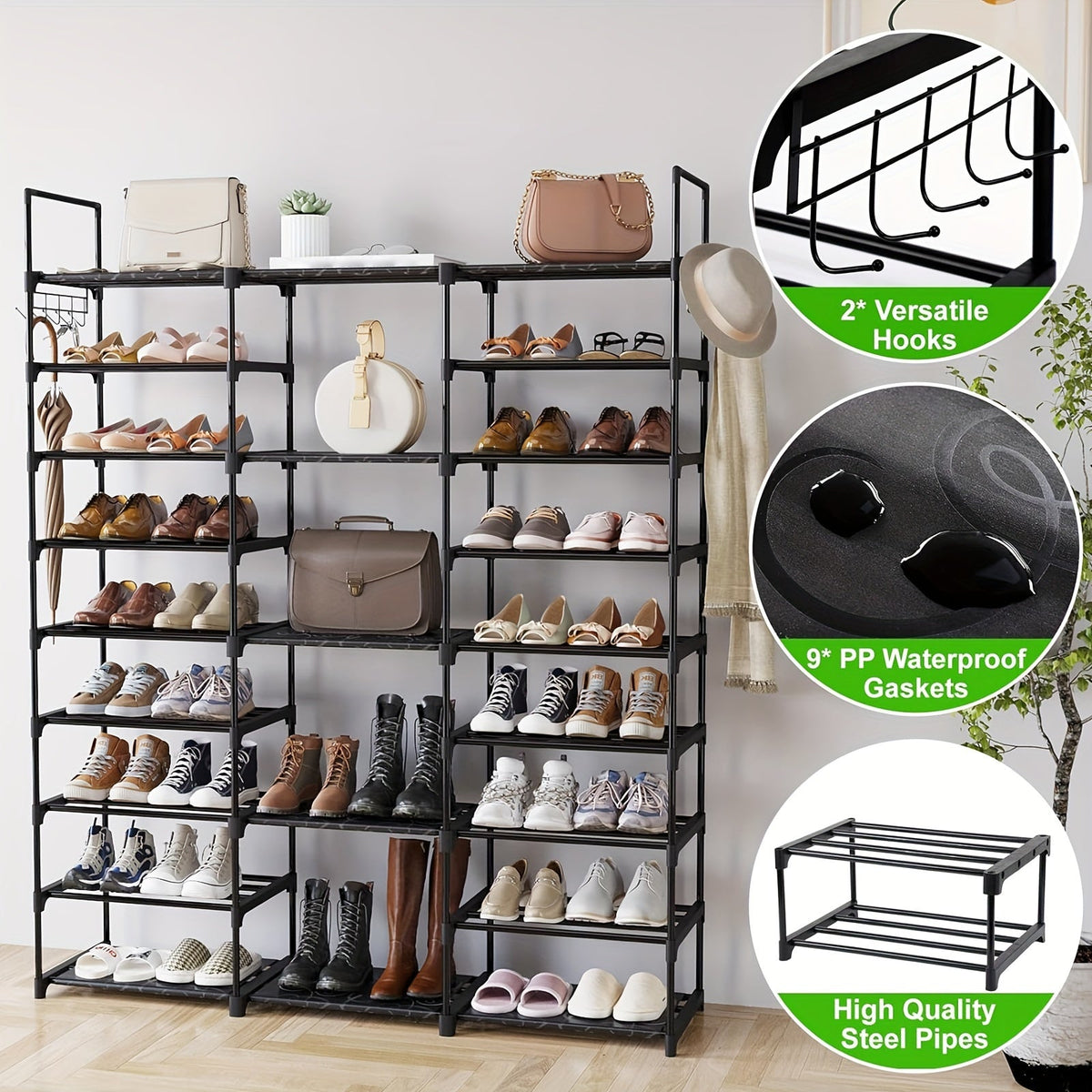9-Tier Shoe Rack Organizer - 50-55 Pairs, Stackable Metal Shelf with Hooks - 129.5×26.9×155.4cm - Entryway, Bedroom & Closet Shoe Storage - Black