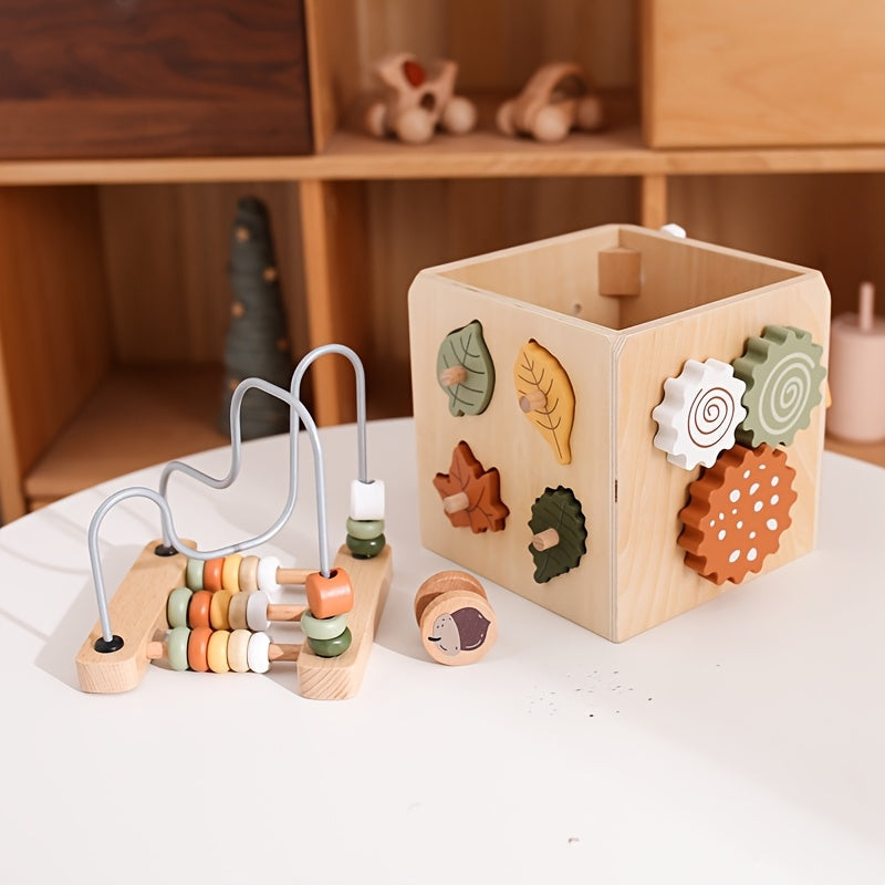 Wooden Forest Fun 4-Sided Beading Activity Toy, Baby Multifunctional Treasure Box Bead Maze, Educational Shape Recognition & Fine Motor Toy for Babies & Toddlers, Christmas Gift