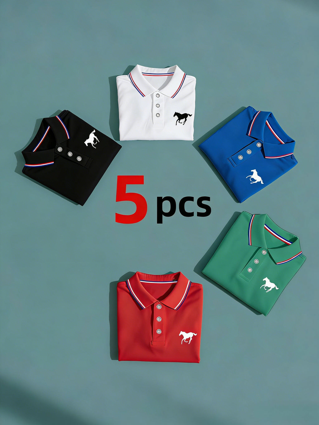 5-Piece Men's Polo Shirt Set - Solid Short Sleeve, Horse Print & Contrast Collar - Breathable Casual, Golf & Daily Wear - S–XXL - White, Black, Red, Navy Blue & Bean Green