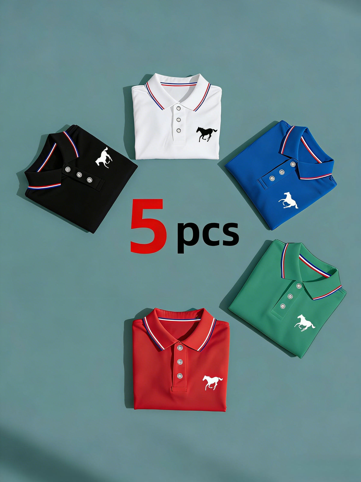 5-Piece Men's Polo Shirt Set - Solid Short Sleeve, Horse Print & Contrast Collar - Breathable Casual, Golf & Daily Wear - S–XXL - White, Black, Red, Navy Blue & Bean Green