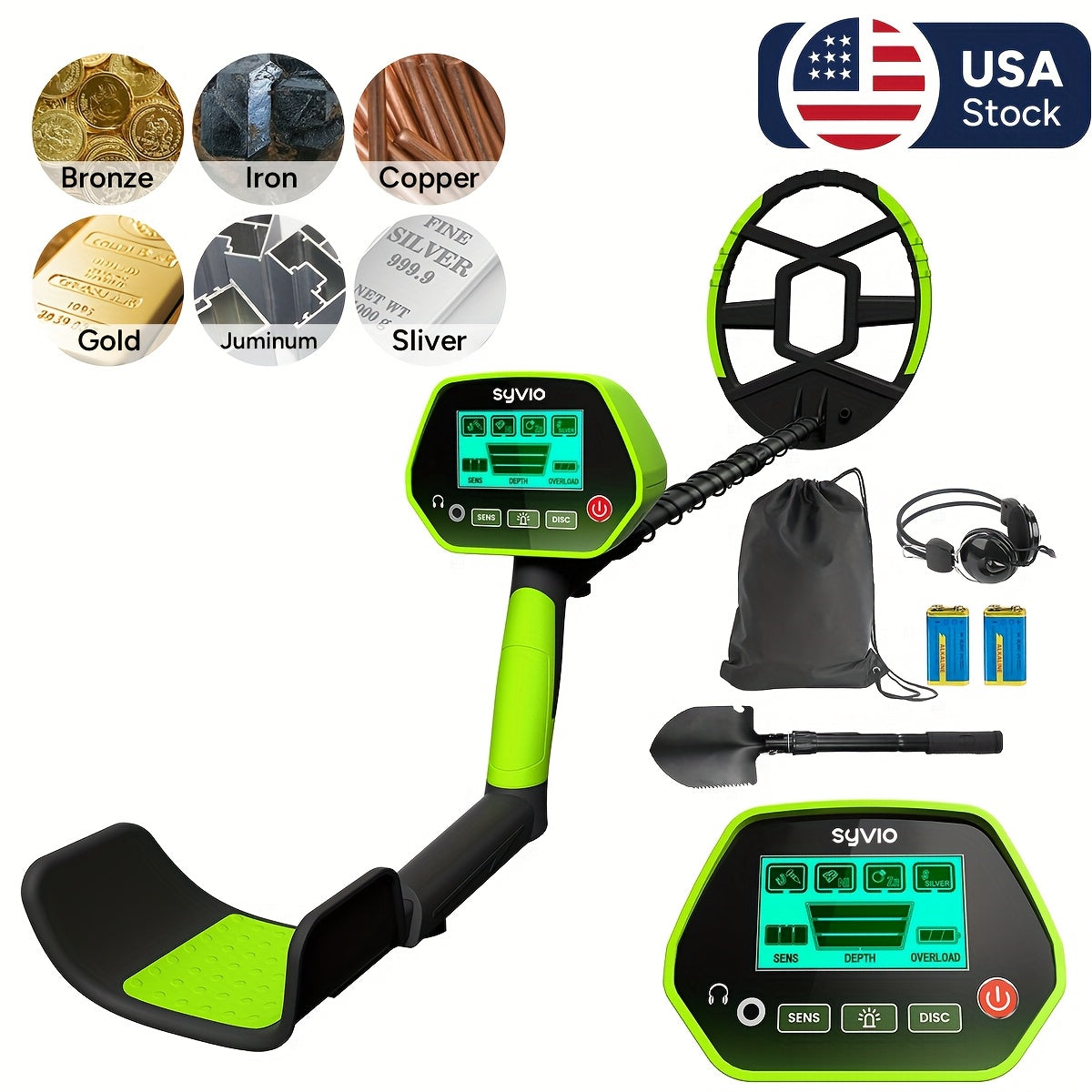 Metal Detector – High-Sensitivity 8" Search Coil LCD Display 4 Modes Detects Coins to 5" Deep & Large Objects to 3ft for Lawn Garden Yard & Outdoor Adventure in Green Yellow & Basic