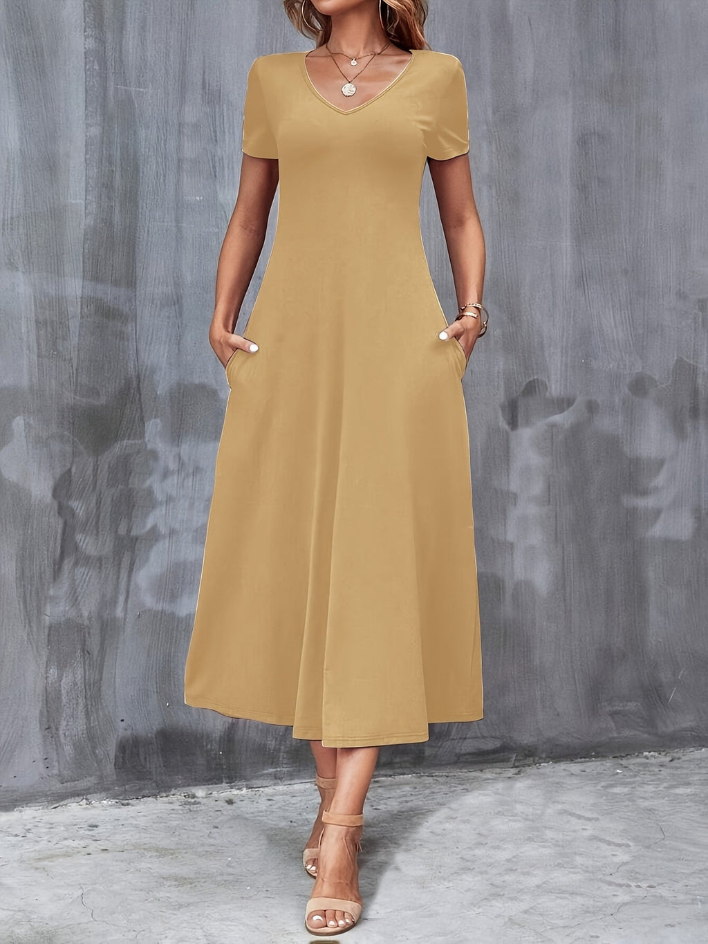 V-Neck A-Line Dress with Pockets, Women's Short Sleeve Casual Solid Color Knit Stretch, Machine Washable, Blue, Black, Navy, Burgundy, Olive, Dark Green, S, M, L, XL, XXL
