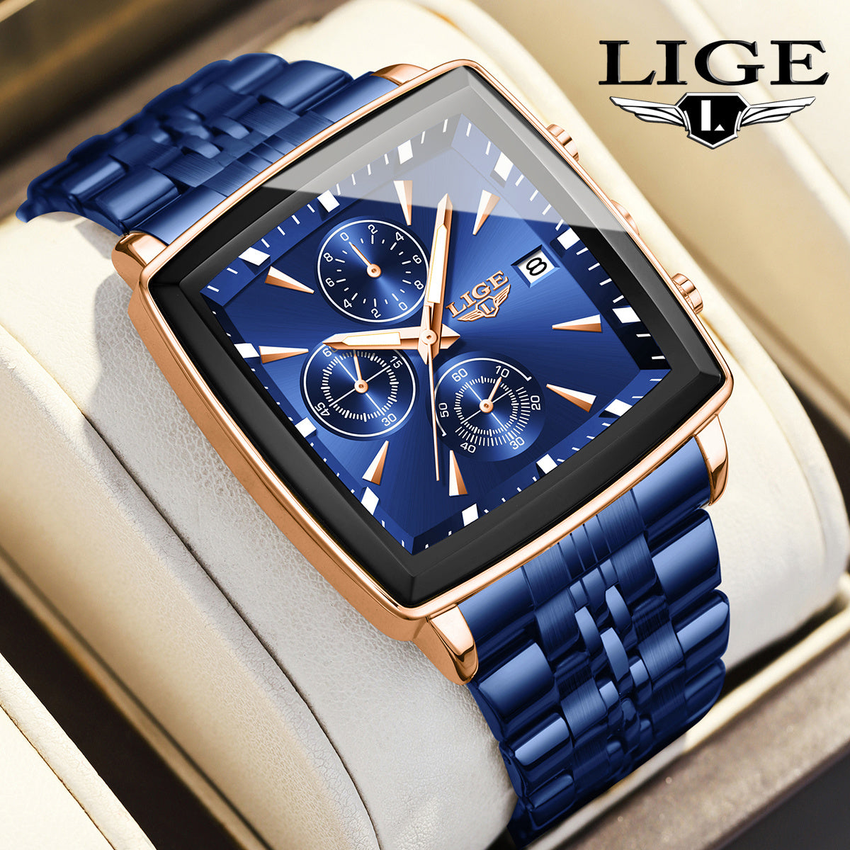 LIGE Men's Square Analog Quartz Watch – Stainless Steel Strap with Calendar Display, Preppy Sport Fashion Wristwatch for Men and Teens, 8 Color Options, Birthday or Graduation Gift (Blue, Black, Gold)
