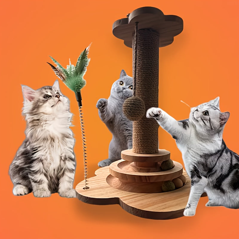 Sisal Cat Scratching Post Set with Clown Hat, Vertical Scratching Board & Cat Climbing Frame - Wear-Resistant Cat Scratcher Toy with Teasing Stick for Indoor Cats and Kittens (Millet Shape/Turtle Shape)