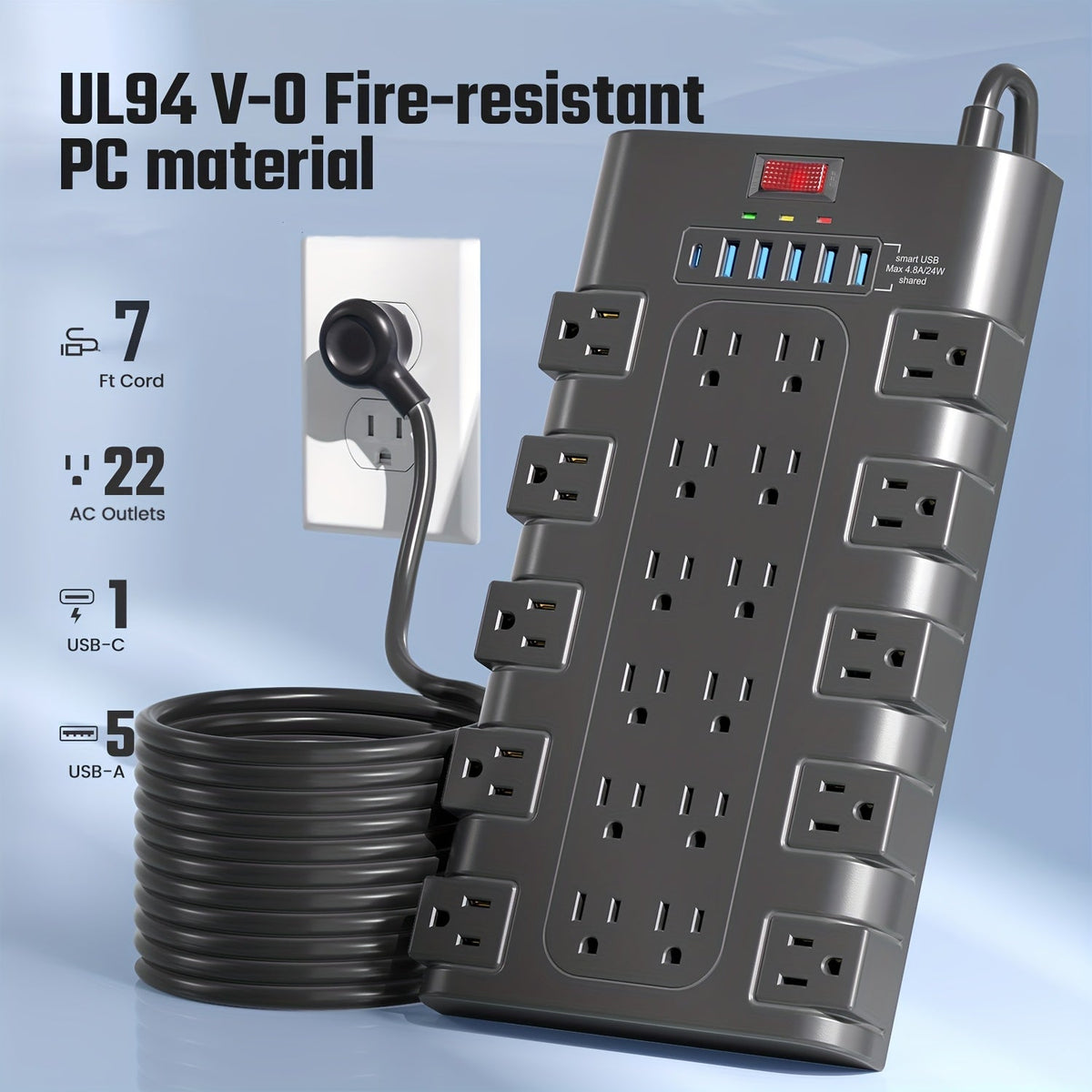 Surge Protector Power Strip with 22 AC Outlets & 6 USB Ports (24W) - 2100 Joules, Flat Plug, Wall Mount, Overload Protection, 5-14ft Cord Options for Home Office Dorm Gaming - Black & White