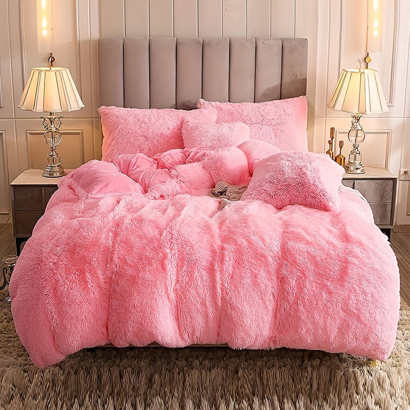Plush Duvet Cover Set 3 Piece, Long Hair Knitted Polyester, Solid Color Fuzzy Comforter Cover with Zipper Closure, All-Season Soft Cozy Bedding Set for Bedroom, Multiple Colors Available