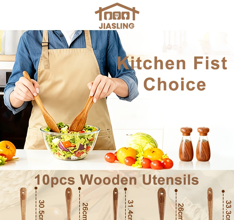 10-Piece Natural Teak Wooden Kitchen Utensils Set - Cooking Spoons, Spatulas & Turner, Non-Stick Safe, Heat Resistant, Eco-Friendly Wood Cookware Tools for Home Kitchen