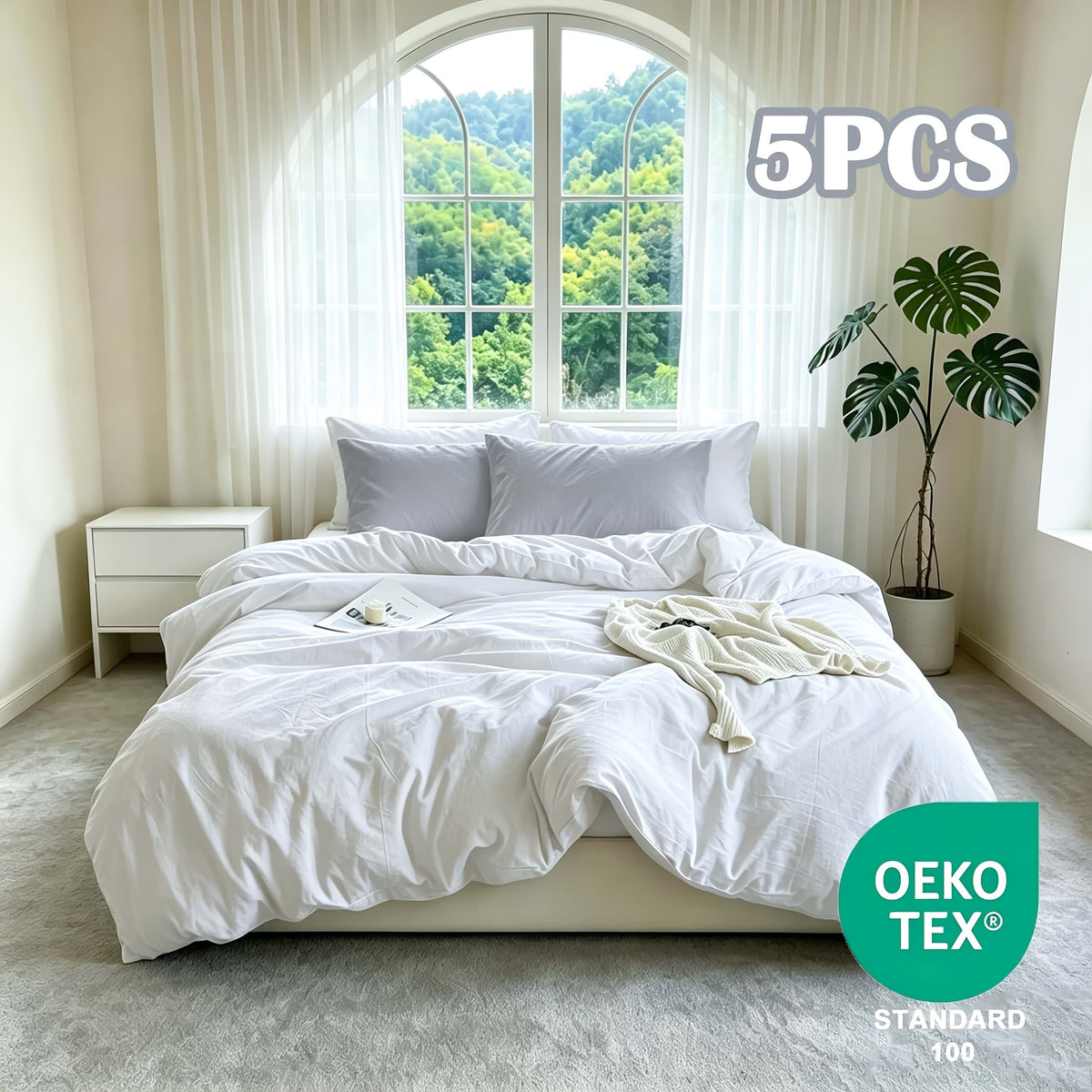 Washed Microfiber Duvet Cover Set 5-Piece, 1 Duvet Cover + 4 Pillowcases, Zipper Closure & Corner Ties, Soft Breathable Bedding Set for Home School Guest Room, No Insert, Multiple Sizes & Colors