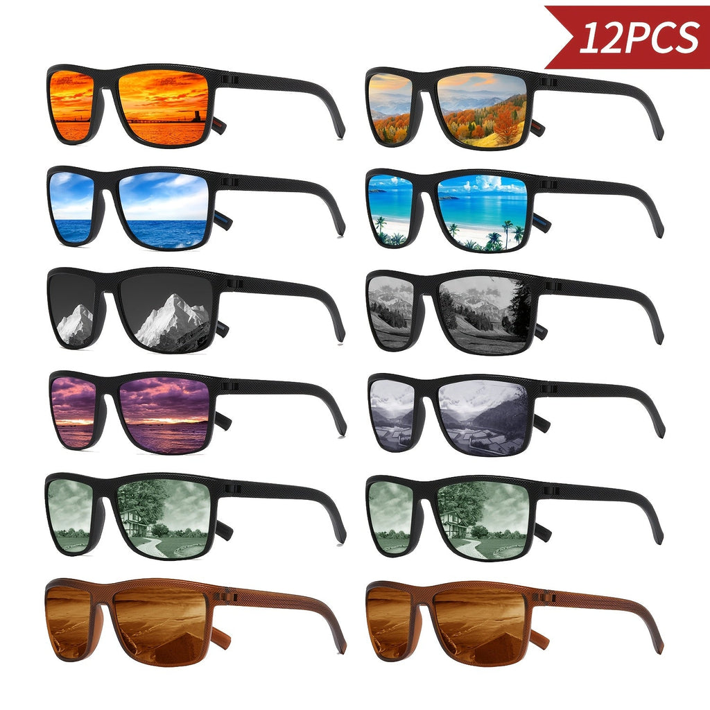 12-Pack Retro Square Sunglasses Bulk Set for Men and Women, Classic Designer PC Frame, UV Protection, for Beach, Outdoor Sports, and Daily Leisure, Wholesale Assorted Colors