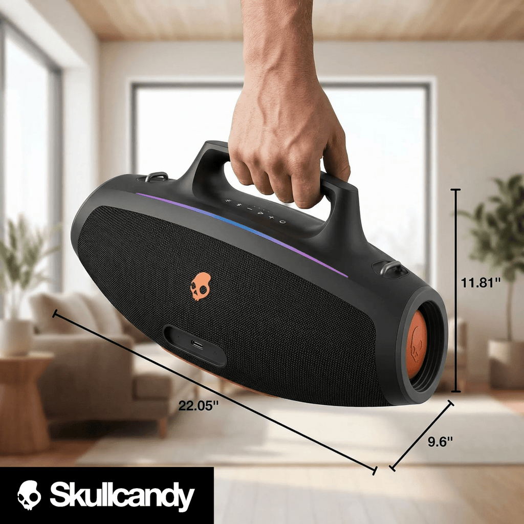 Skullcandy Barrel Bluetooth Boombox Speaker (Renewed) LED Lightshow Bass Boost Multi-Link 12-Hour Battery USB-C & USB-A Charging Water-Resistant Outdoor Party Speaker – Black