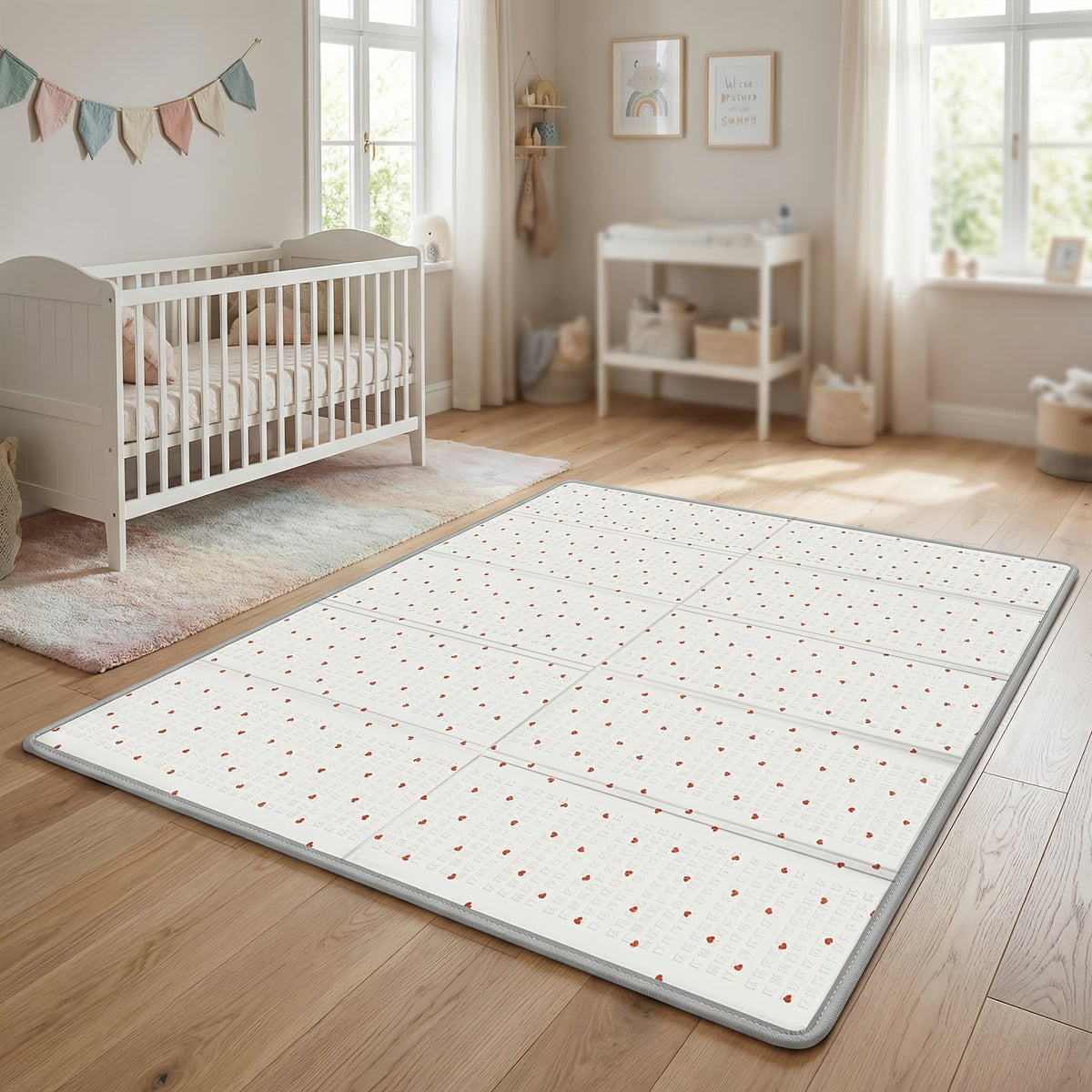 Large XPE Foam Baby Play Mat, Flip-Over Double-Sided Design, Portable Foldable Splash-Proof Crawling & Activity Mat for Living Room & Backyard, Heart + Rhombus Style, 2 Sizes