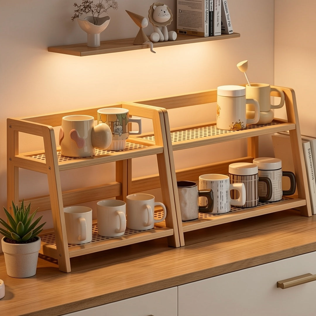 2-Tier Wooden Countertop Shelf Organizer, Vintage Trapezoidal Design, Bamboo Desktop Storage Rack for Kitchen, Office, and Bedroom, Space-Saving Counter Shelf for Coffee Cups, Books, and Decor – 1 or 2 Pack, Large & Medium